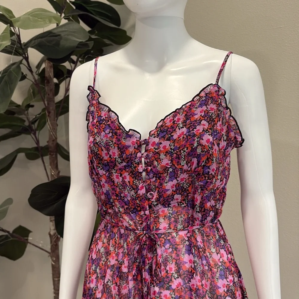 Lulus Sheer Floral Slipdress Size Small Button Front Tiered Ruffle Maxi Dress - Picture 3 of 15